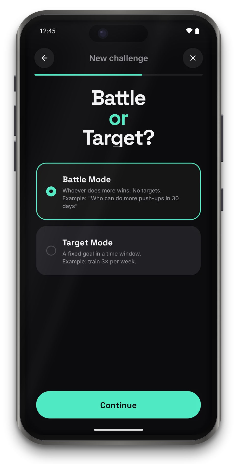 App screen: Battle or Target? Battle Mode or Target Mode