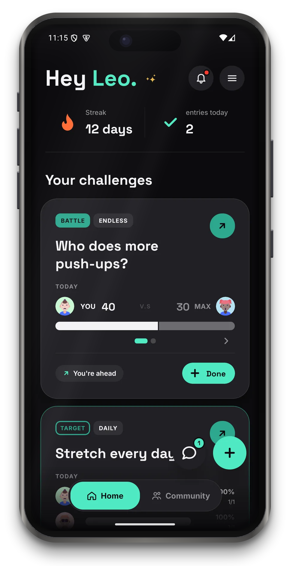 MateIt on your phone: home screen with streak, entries and running challenges