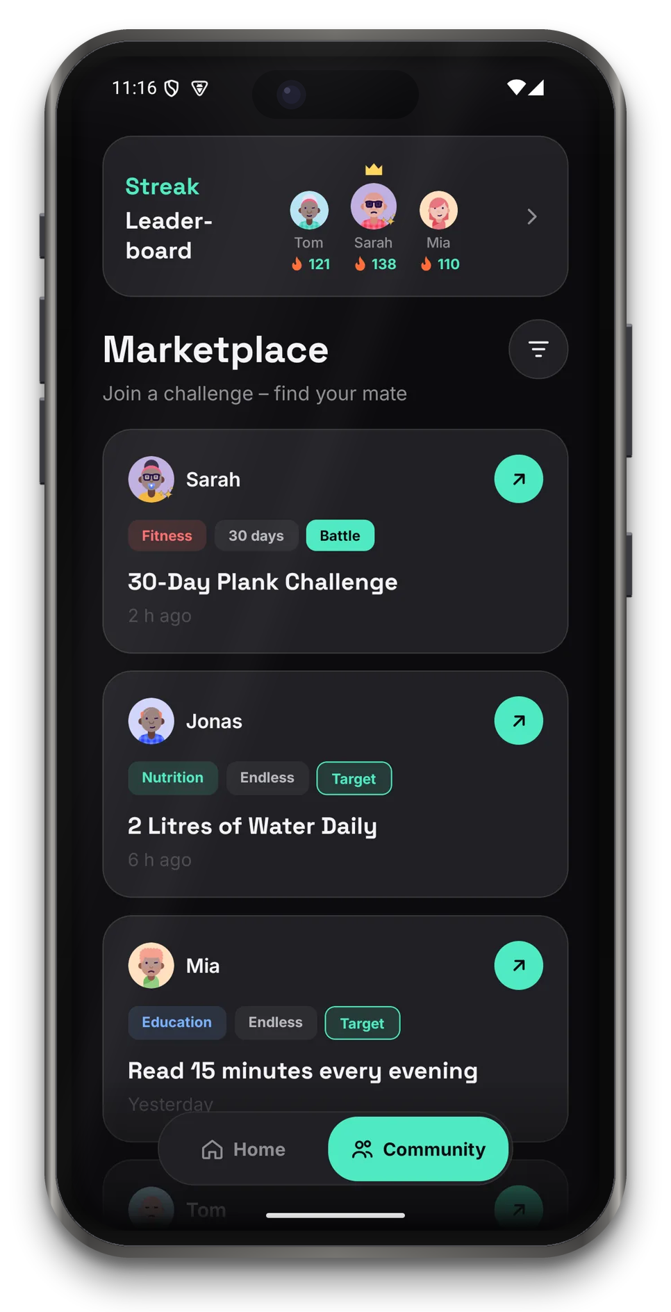 App screen: Marketplace with open challenges from other users, each with category, duration and mode
