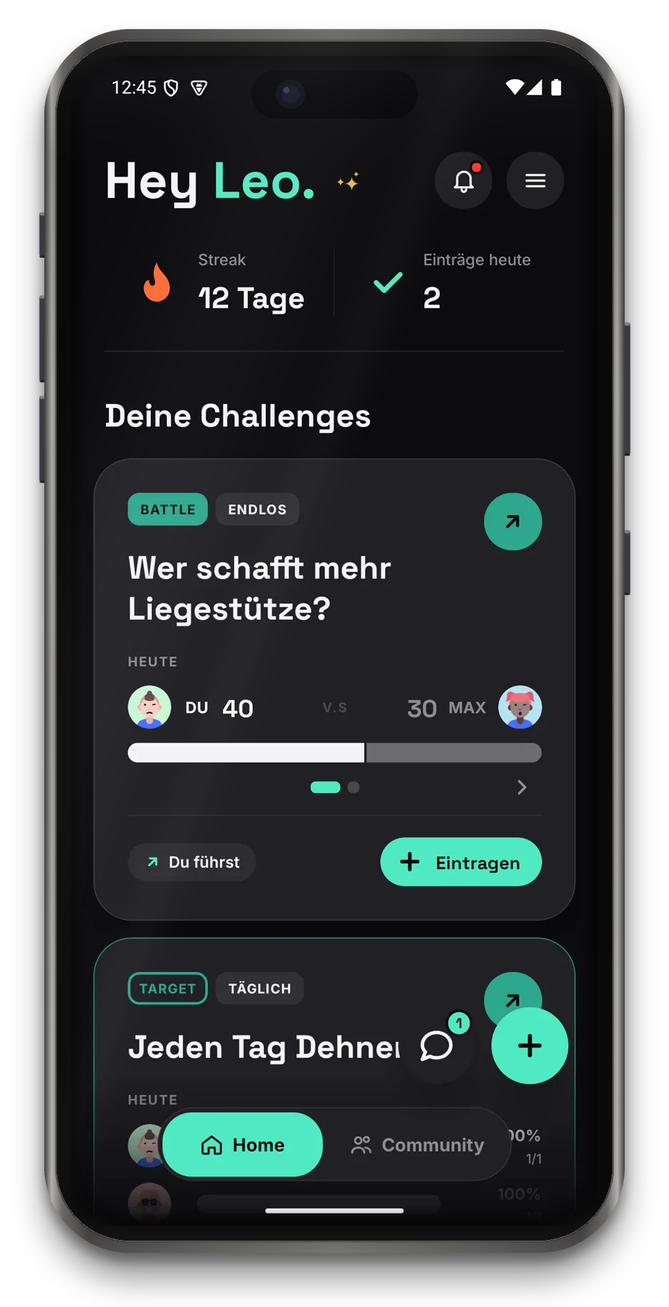 MateIt auf dem Handy: Startseite mit Streak, Einträgen und laufenden Challenges